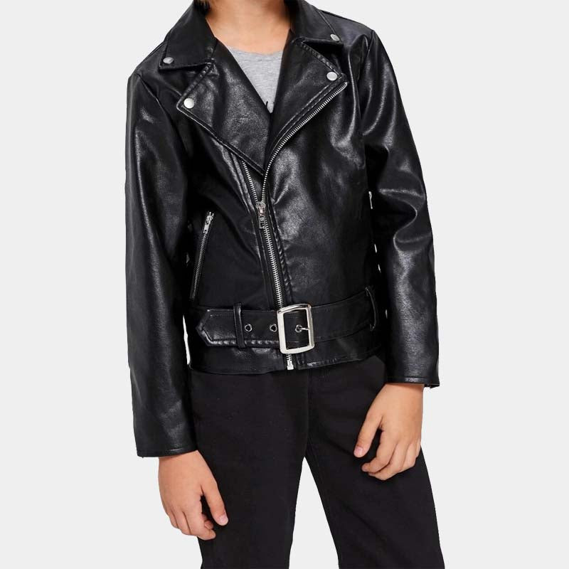 Toddler Boy Black Real Lambskin Leather Biker Jacket With Satin Lining And Moto Style