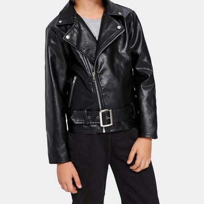 Toddler Boy Black Real Lambskin Leather Biker Jacket With Satin Lining And Moto Style