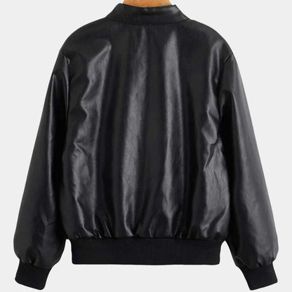 Toddler Boy Black Real Lambskin Leather Bomber Jacket With Slant Pocket Design And Satin Lining