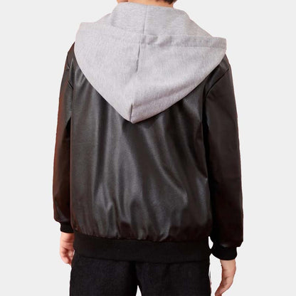 Toddler Boy Black Real Lambskin Leather Bomber Jacket With Attached Hood And Satin Lining