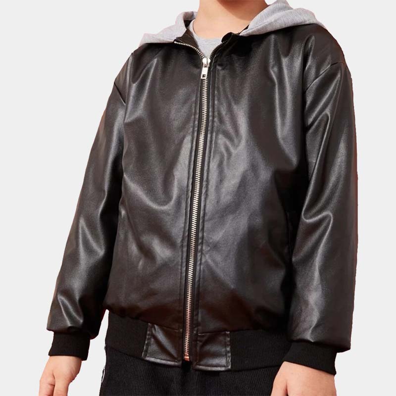Toddler Boy Black Real Lambskin Leather Bomber Jacket With Attached Hood And Satin Lining