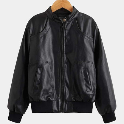 Toddler Boy Black Real Lambskin Leather Bomber Jacket With Slant Pocket Design And Satin Lining