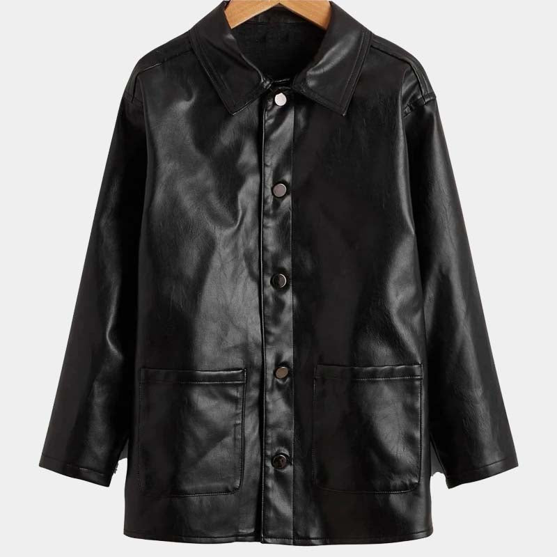 Toddler Boy Black Real Lambskin Leather Coat With Front Pocket Style And Satin Lining