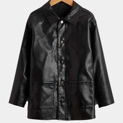 Toddler Boy Black Real Lambskin Leather Coat With Front Pocket Style And Satin Lining