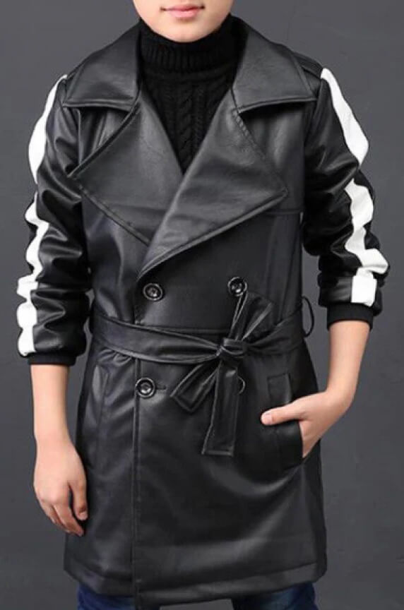 Boys Waist Belt Double Breast Long Black Leather Trench Jacket