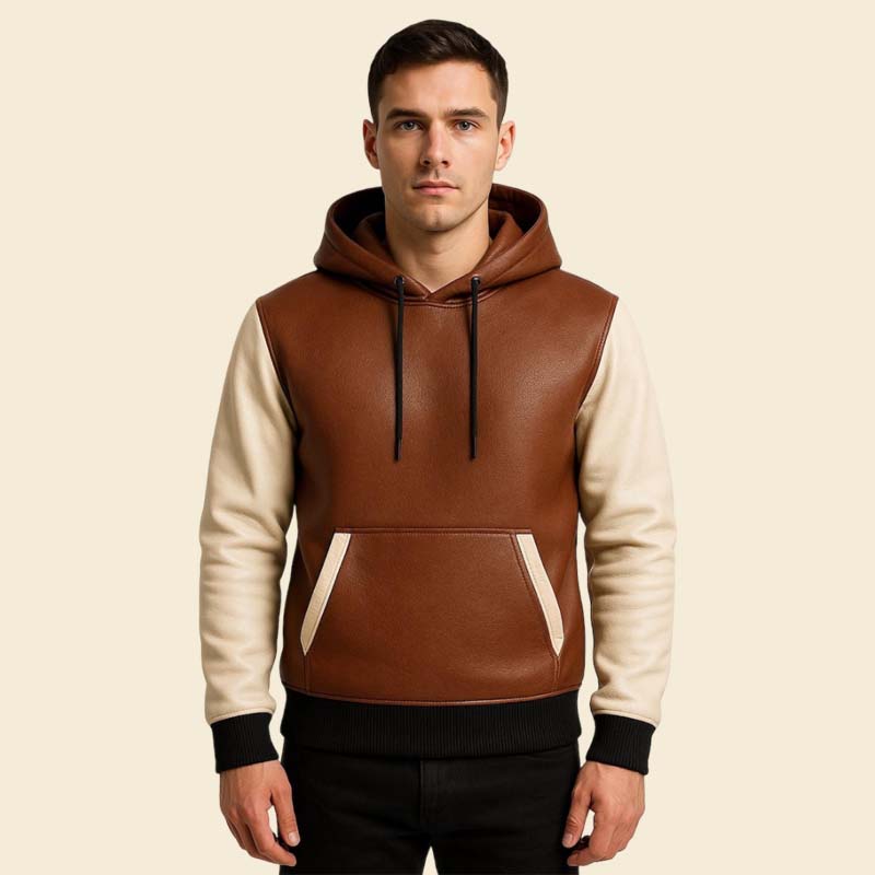 New brown and beige leather hoodie jacket crafted from genuine sheep leather by Jackets Kingdom