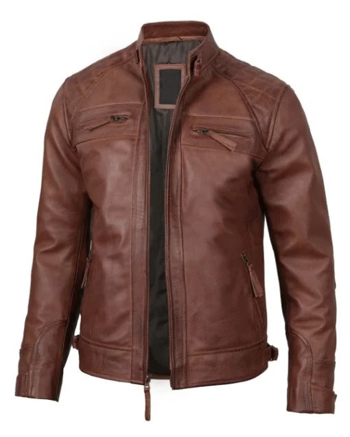 Brown Cafe Racer Quilted Leather Jacket