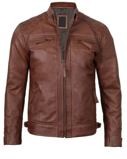 Brown Cafe Racer Quilted Leather Jacket