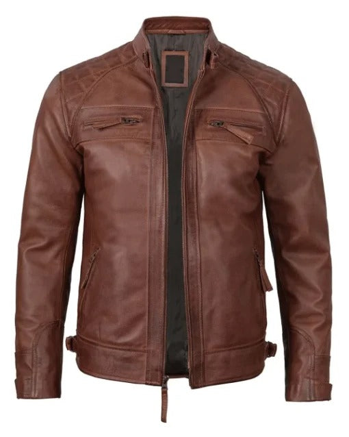 Brown Cafe Racer Quilted Leather Jacket