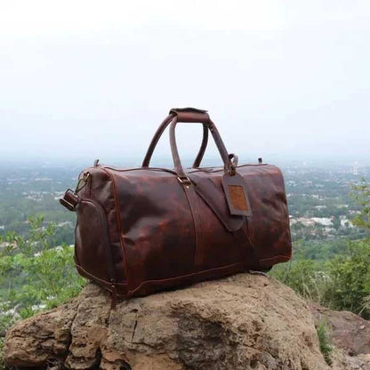 Brown Cowhide Leather Weekender Duffel Bag with Adjustable Shoulder Strap