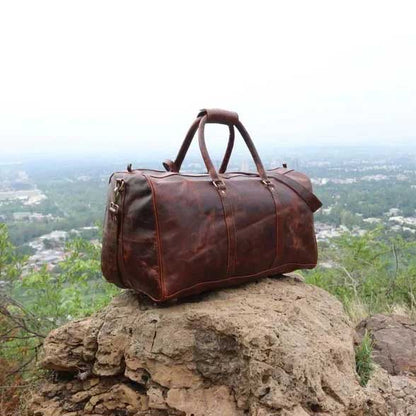Brown Cowhide Leather Weekender Duffel Bag with Adjustable Shoulder Strap