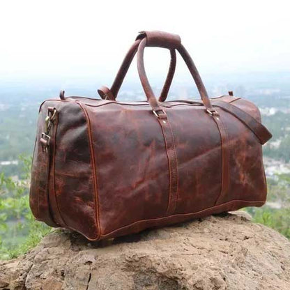 Brown Cowhide Leather Weekender Duffel Bag with Adjustable Shoulder Strap