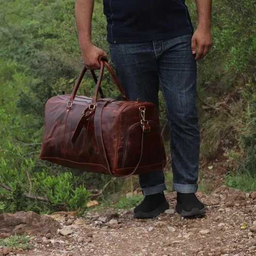 Brown Cowhide Leather Weekender Duffel Bag with Adjustable Shoulder Strap