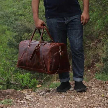 Brown Cowhide Leather Weekender Duffel Bag with Adjustable Shoulder Strap