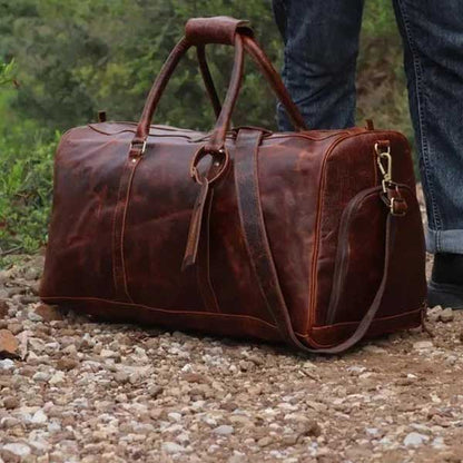 Brown Cowhide Leather Weekender Duffel Bag with Adjustable Shoulder Strap