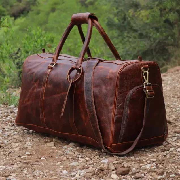 Brown Cowhide Leather Weekender Duffel Bag with Adjustable Shoulder Strap