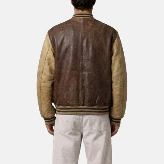 Genuine leather varsity bomber jacket with distressed brown body