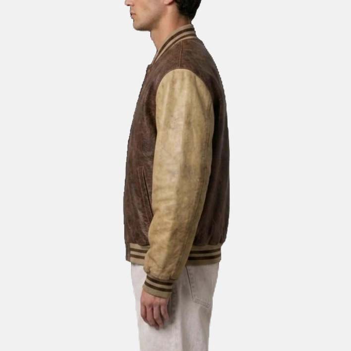 Brown leather varsity jacket with cream leather sleeves