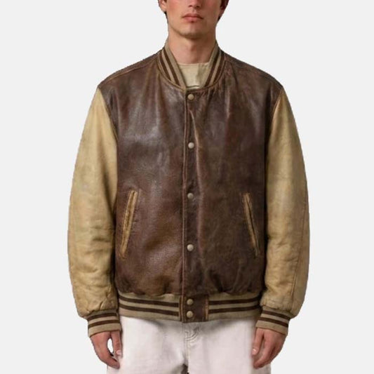 Vintage brown and cream two-tone leather varsity jacket