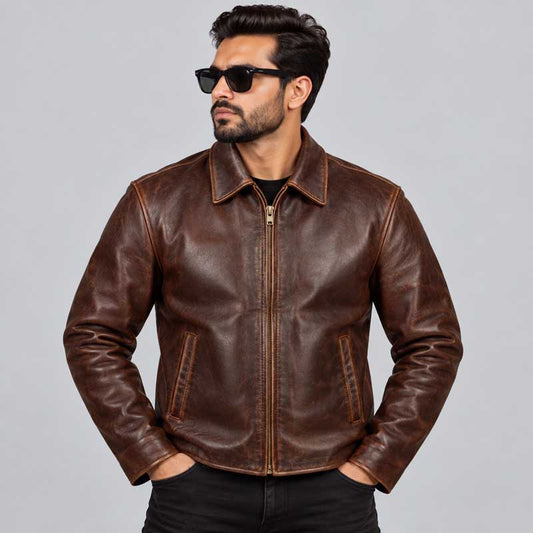 Handmade brown genuine cowhide leather jacket for men