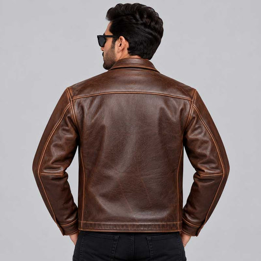 Distressed full-grain cowhide leather biker jacket