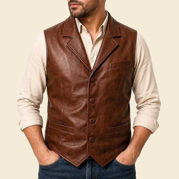 Brown genuine leather waistcoat for men vintage biker style vest