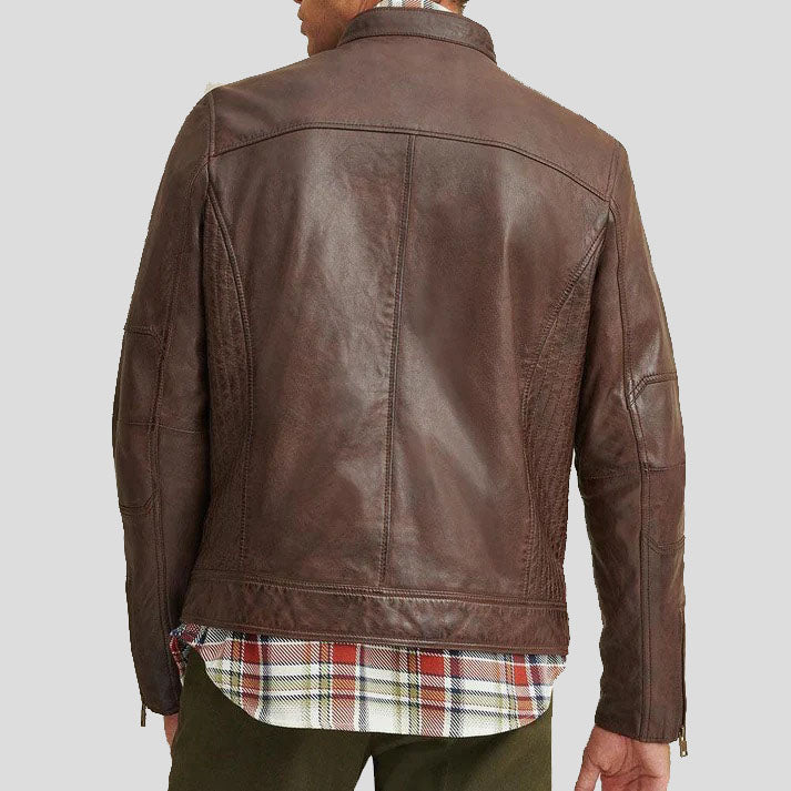 Brown Leather Moto Biker Jacket For Men