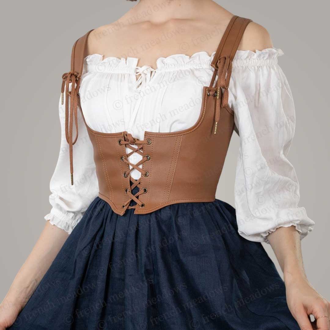 Brown Leather Underbust Corset Belt Renaissance Waist Cincher