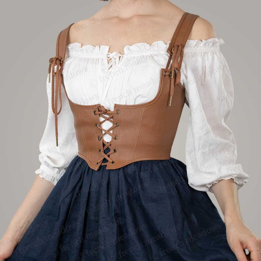 Brown Leather Underbust Corset Belt Renaissance Waist Cincher