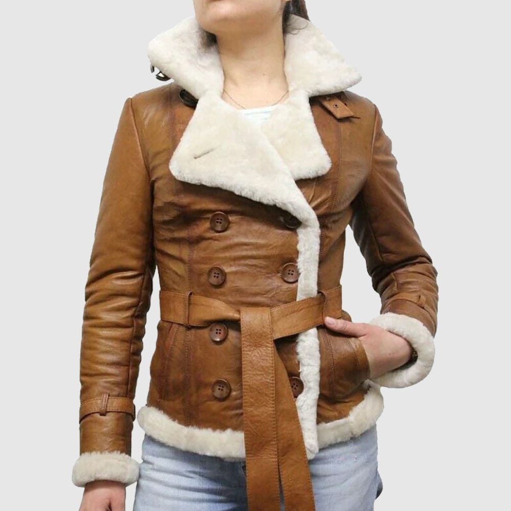 Brown Pilot Aviator Shearling Leather Jacket for Women