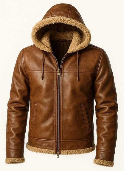 Brown RAF Aviator Genuine Leather Bomber Jacket with Faux Shearling Lining