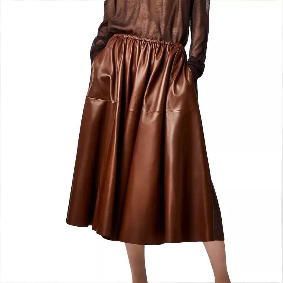 Brown Real Leather A-Line Flare Midi Skirt