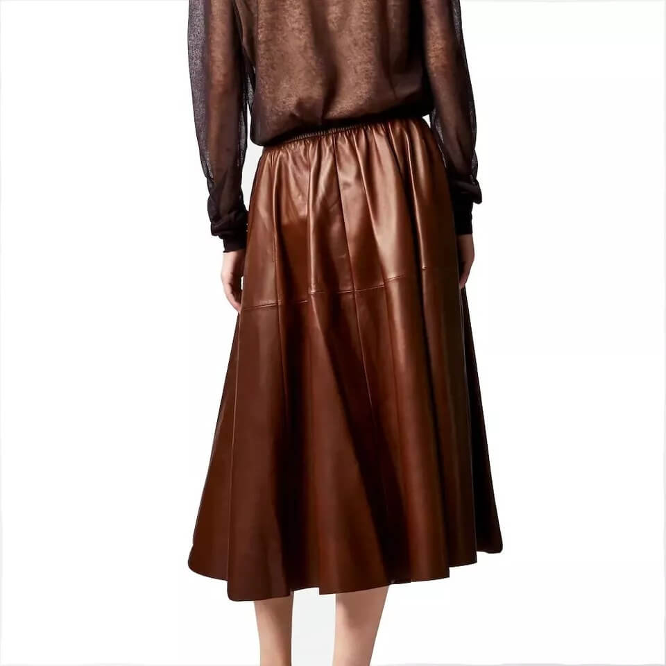 Brown Real Leather A-Line Flare Midi Skirt