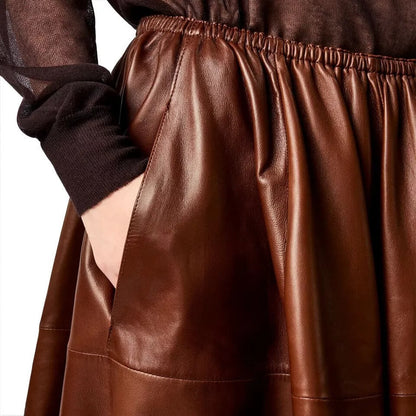 Brown Real Leather A-Line Flare Midi Skirt