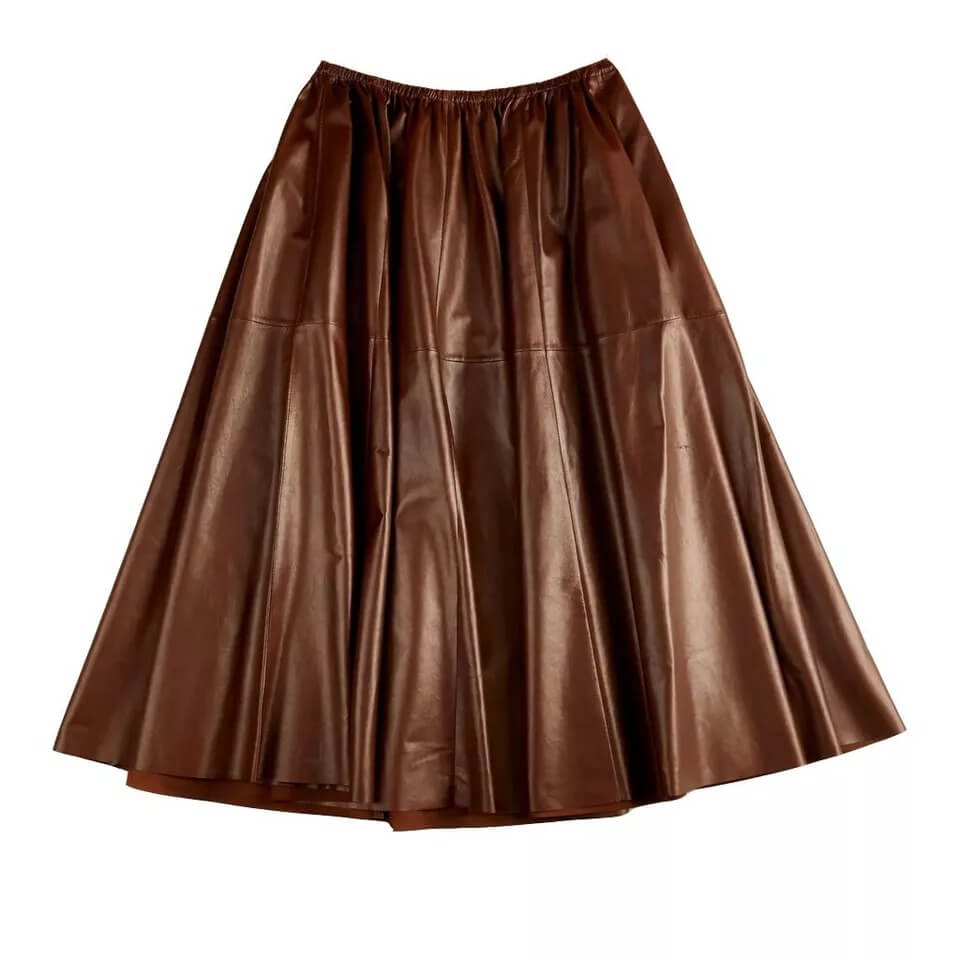 Brown Real Leather A-Line Flare Midi Skirt