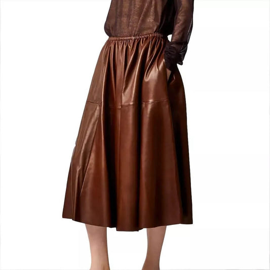 Brown Real Leather A-Line Flare Midi Skirt