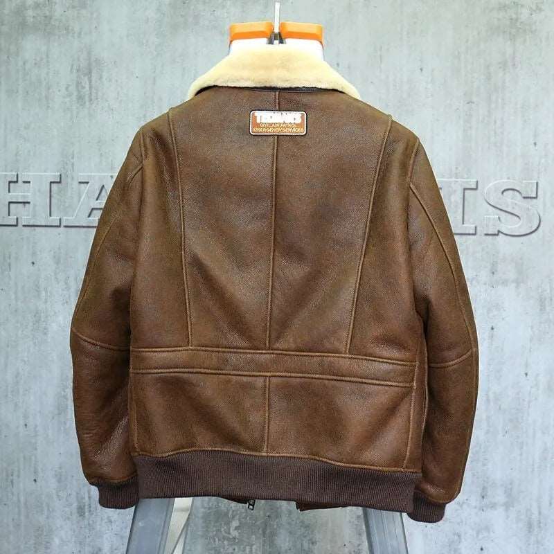 Classic Brown Shearling Aviator Jacket - Men's Short Leather Coat