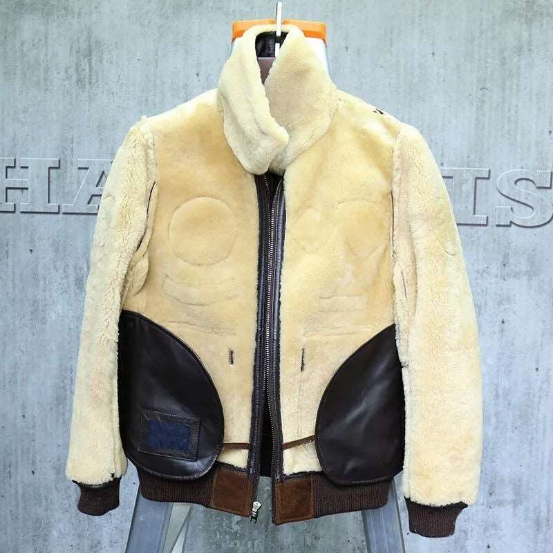 Classic Brown Shearling Aviator Jacket - Men's Short Leather Coat