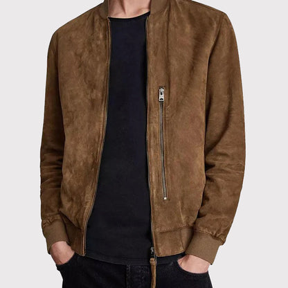 Brown Suede Real Leather Men's Bomber Jacket