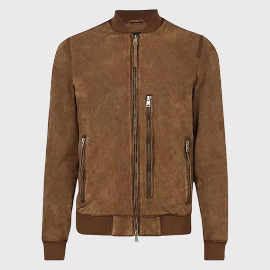 Classic Brown Suede Men's Leather Bomber Jacket