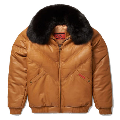 Brown V-Bomber Leather Jacket for Men | Classic Outerwear