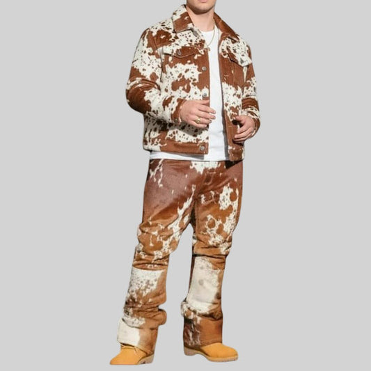 Brown white cowhide trucker jacket with matching leather pants