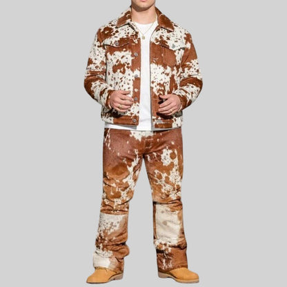 Handmade brown and white hair-on cowhide leather suit set