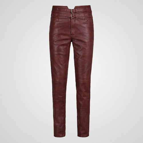 Burgundy genuine leather pants with slim fit modern cut