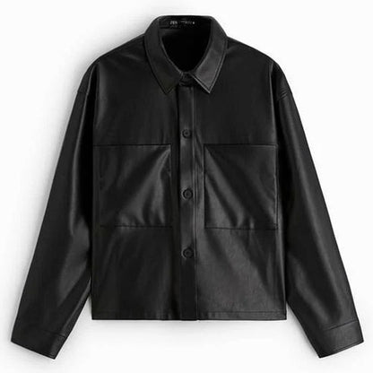 Men's Black Button-Up Leather Overshirt