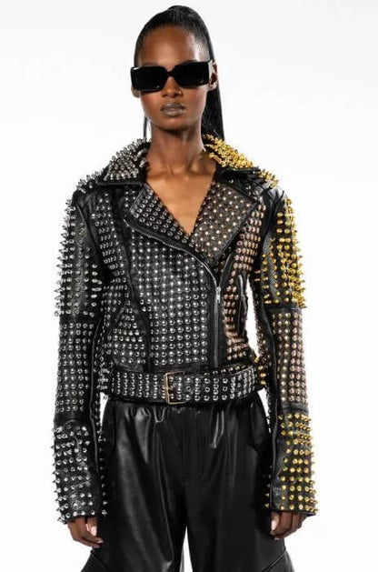 Buy Best Punk Women's Long Spiked Leather Jacket