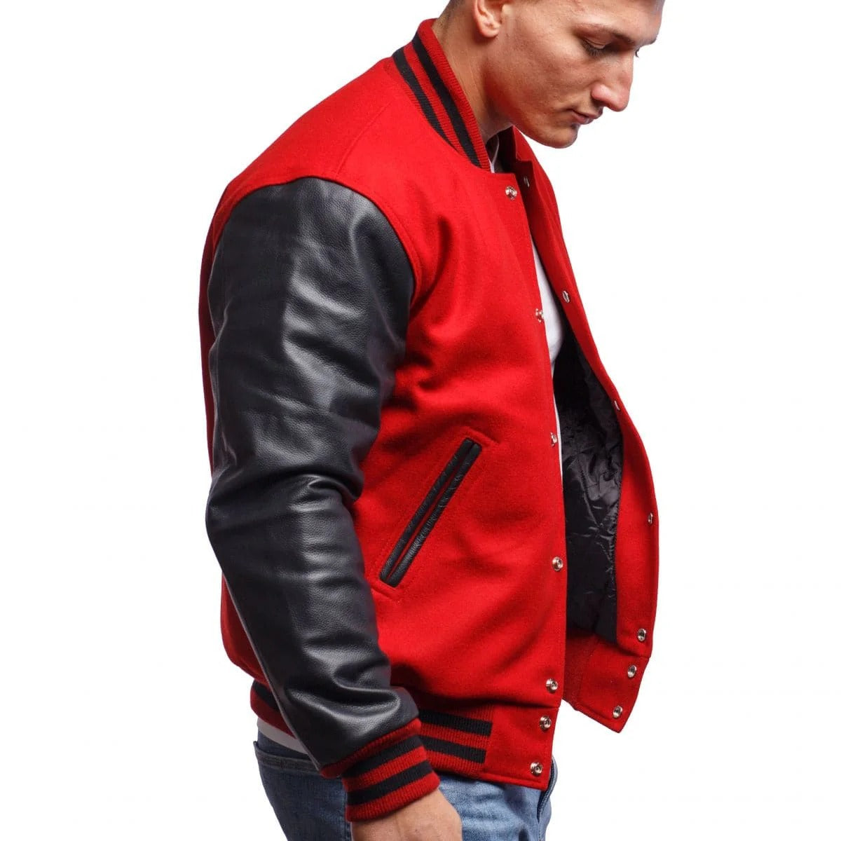 Buy Men's Red Varsity Leather Jacket with Black Sleeves