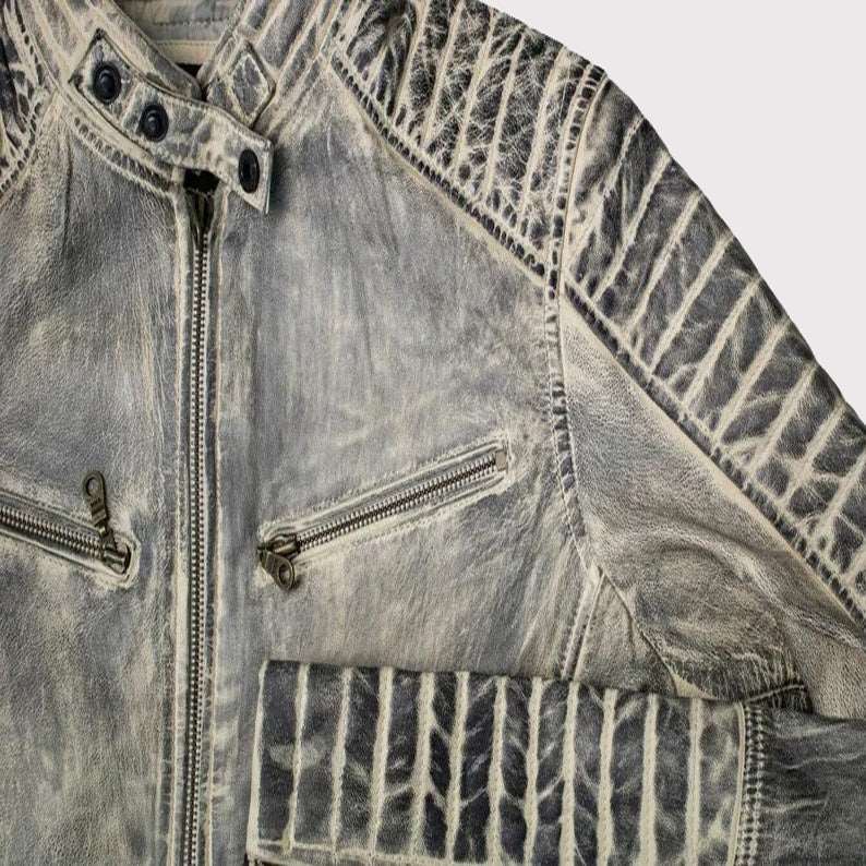 Cafe Racer Distressed White Cowhide Leather Jacket for Men
