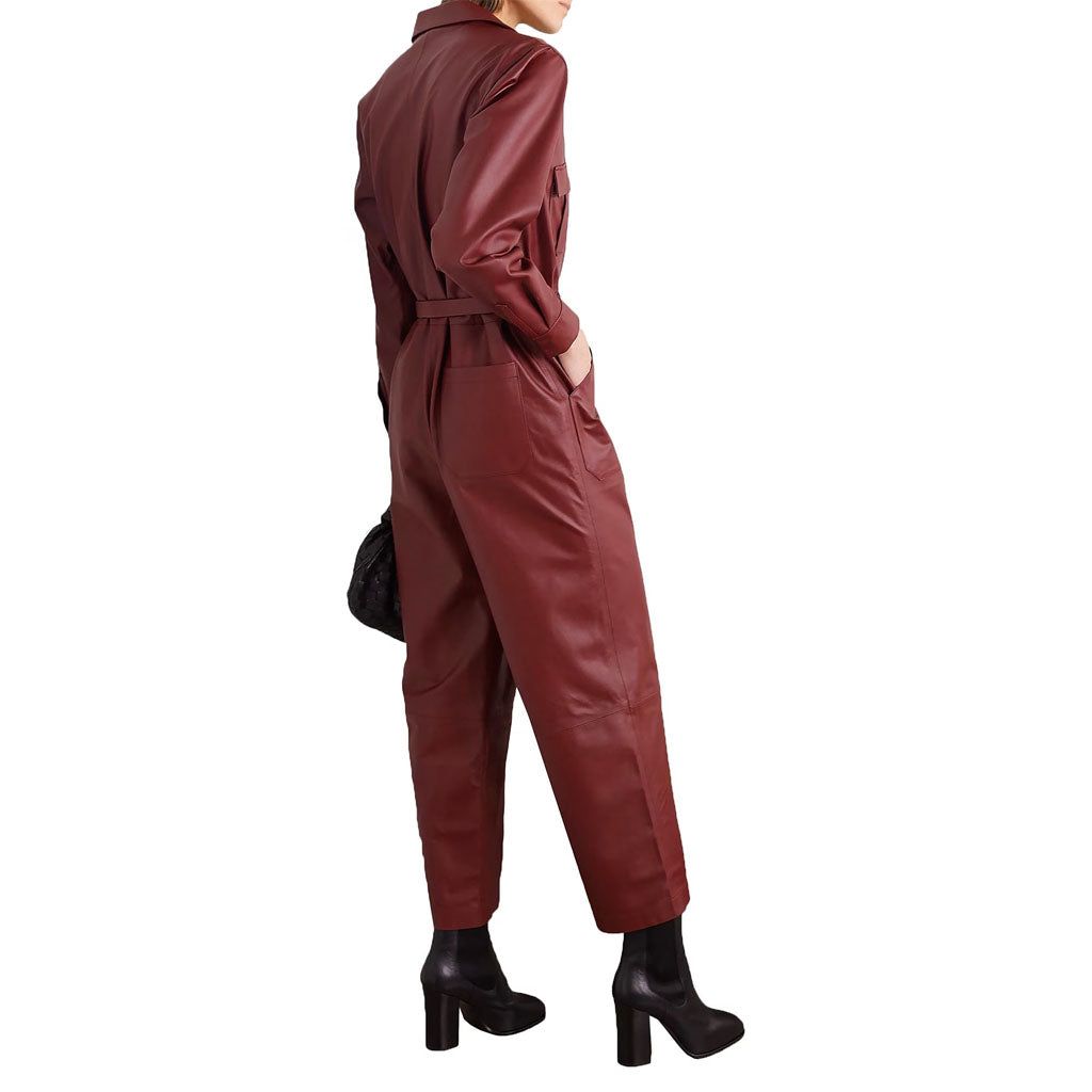 Women's Cherry Red Leather Jumpsuit