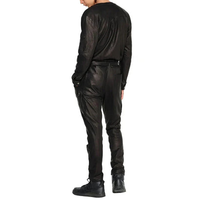 Chic Black Cargo Style Men Leather Jumpsuit - Trendy and Functional